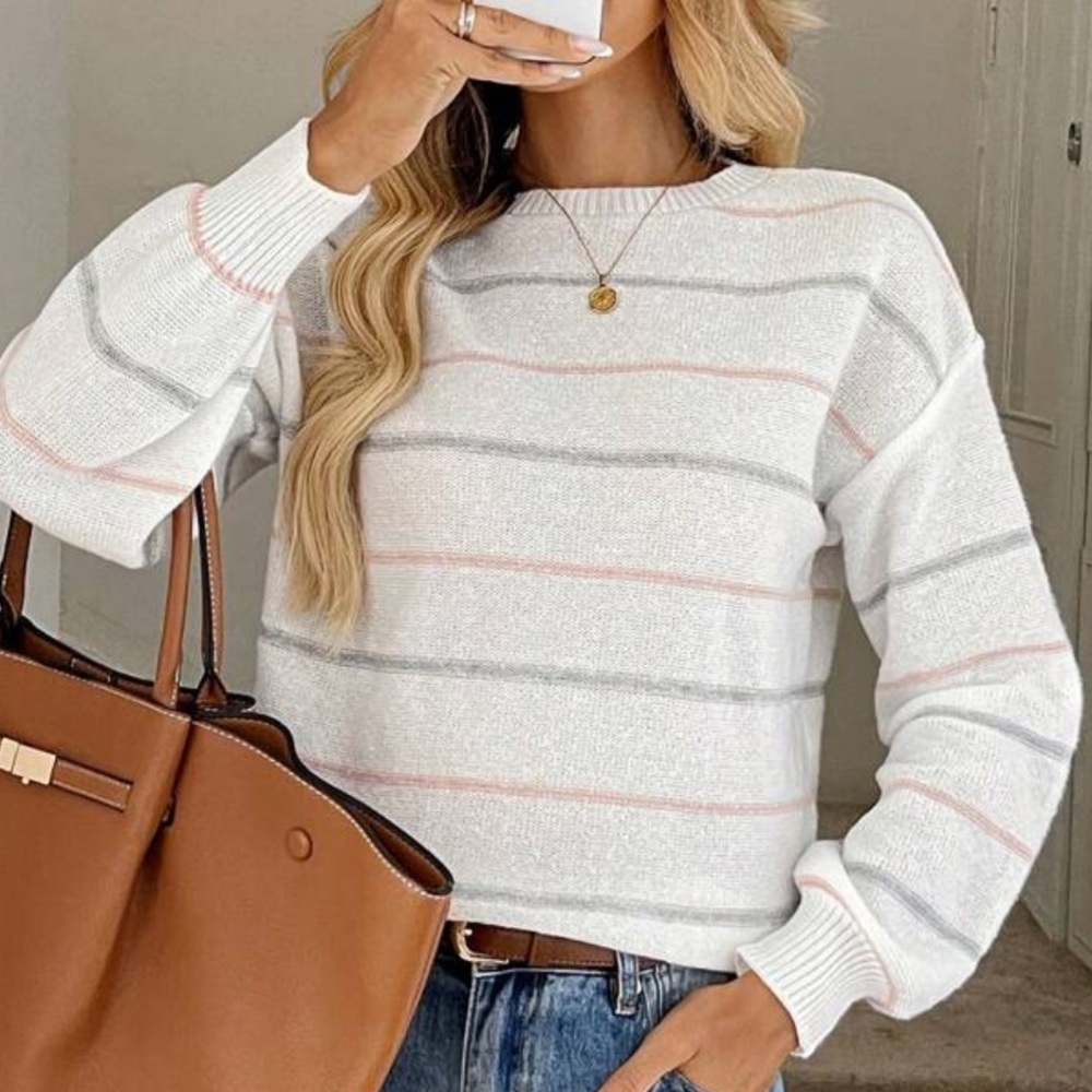 Round Neck Cuffed Color Block Fine Striped Sweater